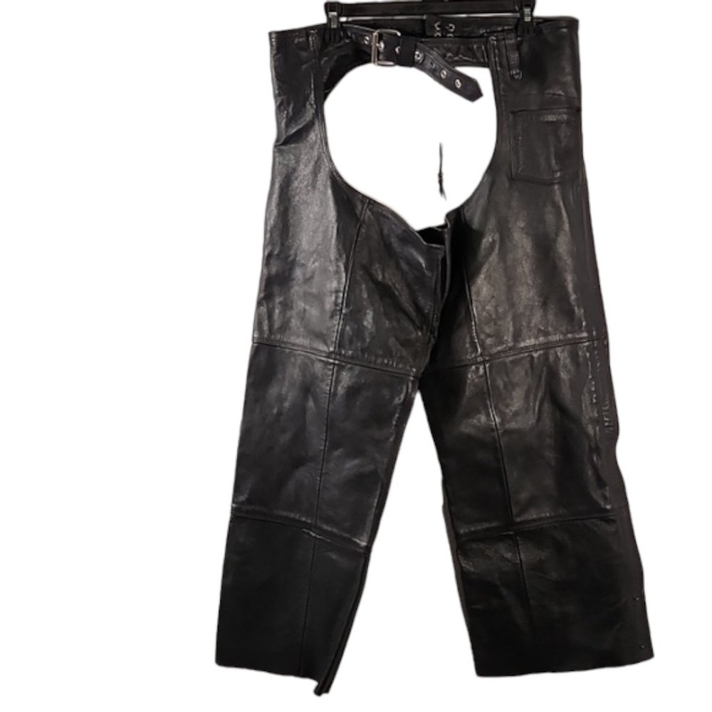 Wilson Leather  Motorcycle chaps black pants size large Zippered, Snapped